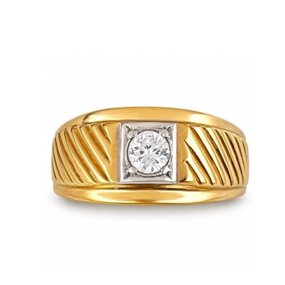 Vintage 1970s Solitaire Ring Size 9 CZ Textured 18KT Gold Plated Band - 14O